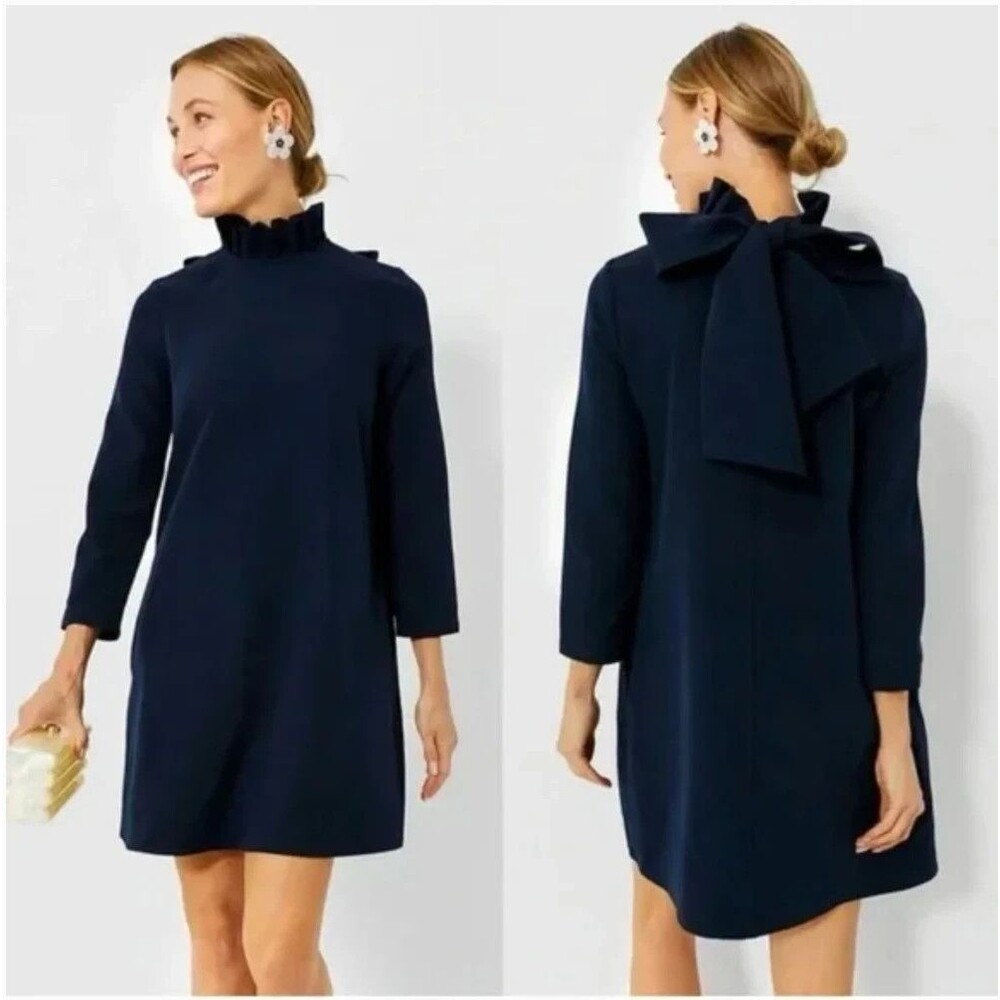 POMANDER PLACE Blue Daphne Ruffle Neck Bow Tie Back Mod Swing Dress SIZE SMALL